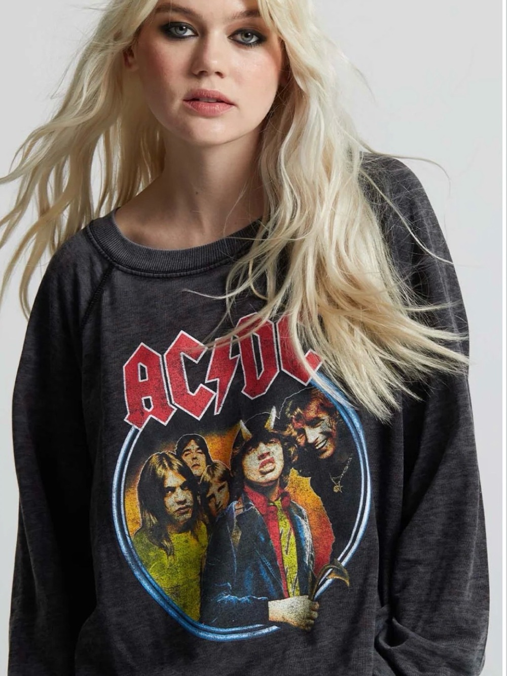 Recycled Karma Charcoal AC/DC Band Graphic Sweatshirt with Red Logo